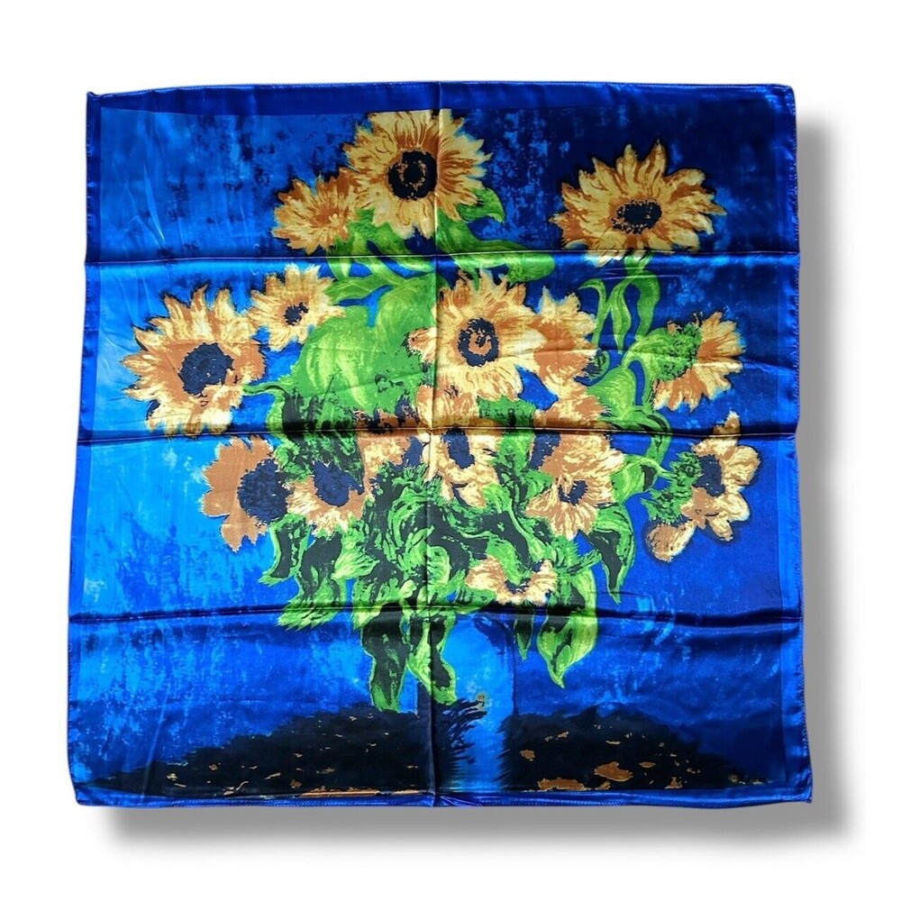 Blue Square Scarf & Sunflowers 35” X 35” White Women Headscarf Unisex Scarve